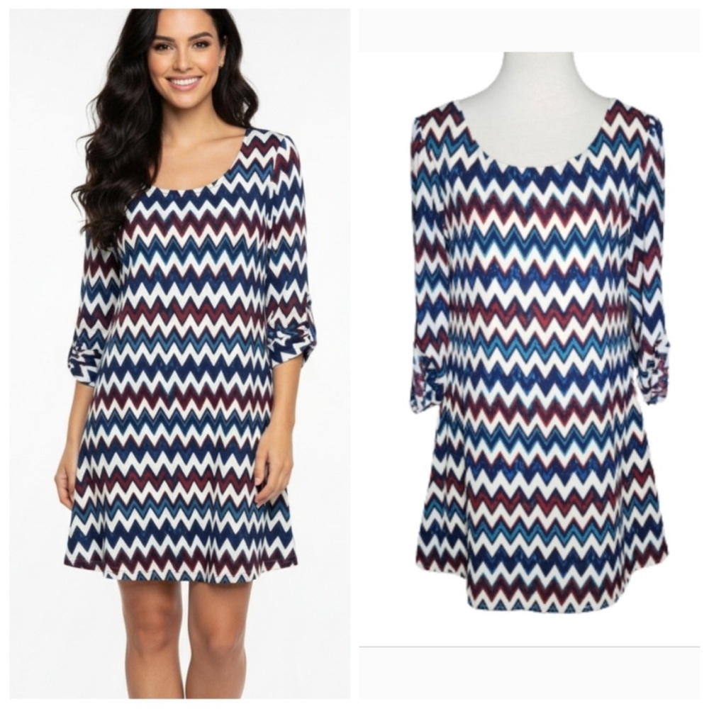 Classy Chevron Print Dress in Navy, Teal & Burgundy *NWOT